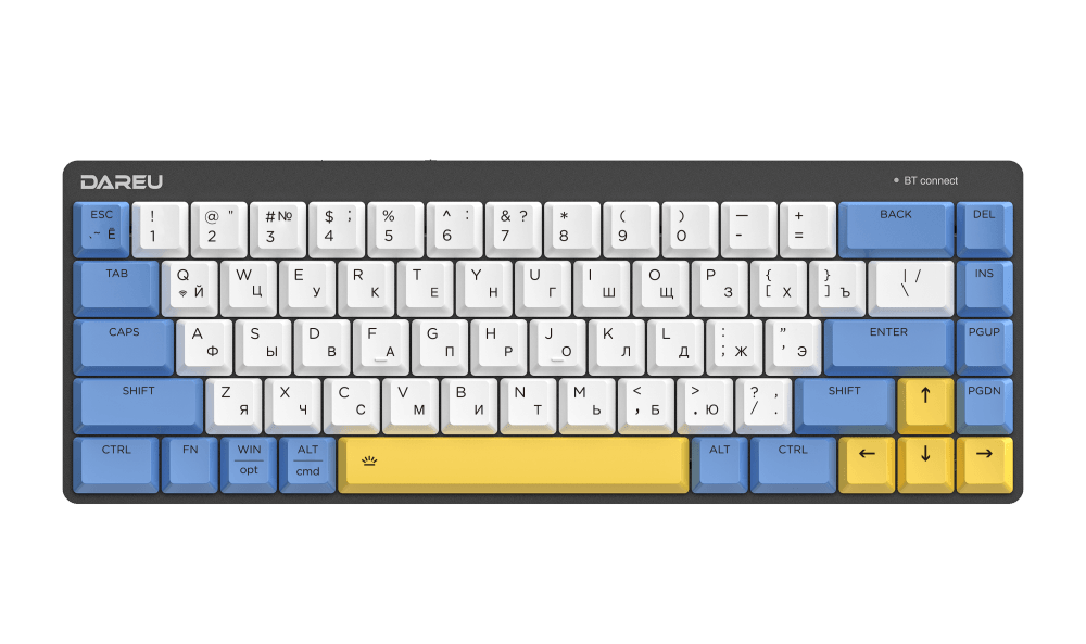 Клавиатура беспроводная Dareu EK868 White-Blue-Yellow (белый/синий/желтый), подключение: проводное+Bluetooth, свитчи: ультратонкие Kailh-Dareu Brown (tactile)